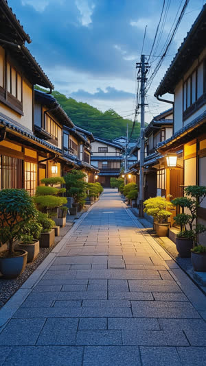 Serene empty residential lane in Japan at dusk, warm window light and tidy plants by doorways, peaceful atmosphere