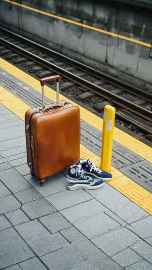Traveler's suitcase and shoes lined up at a painted queue marker on a Japanese platform, close ground-level view, morning light