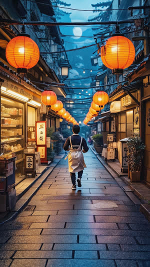 Night scene of a Japanese shopping street with lanterns, an aproned figure running away from camera in soft motion blur, cinematic warm light