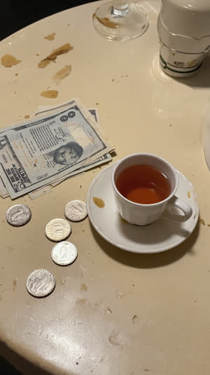 Restaurant table after a meal with a paper bill and coins left beside an empty teacup, soft interior light, quiet still life