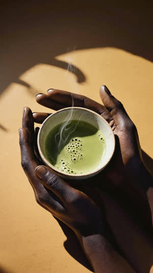 Close-up of hands offering a cup of green tea with both palms, steam rising, gentle hospitality gesture, warm tones