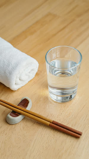 Overhead still life of a rolled oshibori towel, chopsticks on a rest and a glass of water perfectly aligned, clean wooden counter