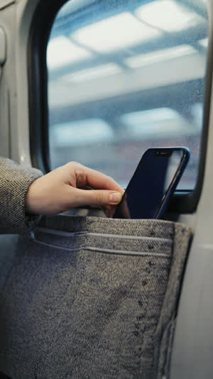 Close-up of a hand slipping a dark-screened smartphone into a coat pocket inside a train, muted fabric texture, quiet mood