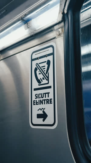 Train car etiquette sticker asking for phones on silent mode, clean graphic close-up on a metal wall, fluorescent light