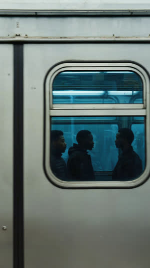 Closed train doors seen from inside, layered reflections of silhouetted passengers in the glass, compressed space feeling, no visible faces