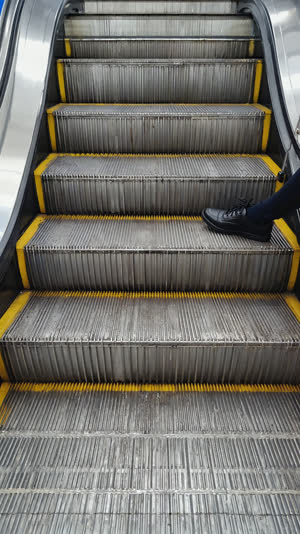 Escalator with shoes standing on the right side only, Osaka station ambience, polished steel steps, ground-level close-up