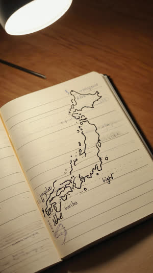 Travel notebook with a hand-drawn Japan map and the words left and right pencilled beside city names, paper texture, warm desk light