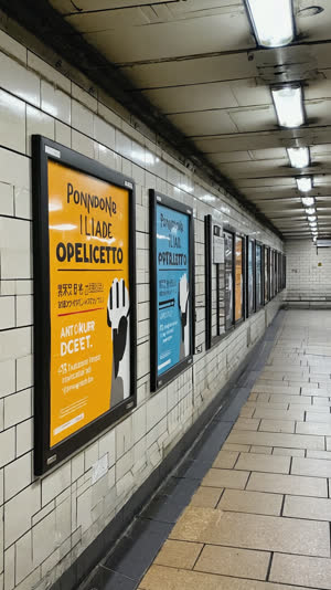 Row of matching campaign posters along a station wall about standing on escalators, repetition and scale, fluorescent lighting
