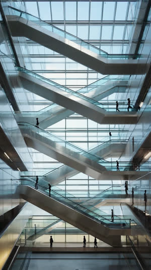 Criss-crossing escalators in a modern Japanese station atrium, geometric lines and glass, small silhouetted figures, architectural scale, no visible faces