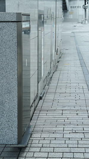 Wide view of a tidy Tokyo sidewalk and station wall with plainly no waste bins, emptiness as the subject, neutral light
