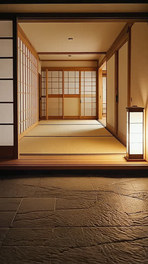 Traditional ryokan entrance genkan, a single raised wooden step dividing dark stone floor from warm tatami hallway, lantern light, quiet symmetry