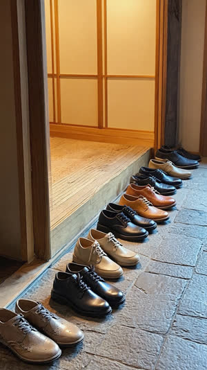 Pairs of shoes neatly aligned on a stone genkan floor, toes pointing toward the door, low warm light, wood and stone texture