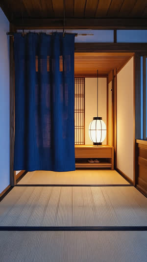 Wide view of a ryokan entrance hall with indigo noren curtain, paper lantern and slipper shelf, polished wooden floor, serene evening light