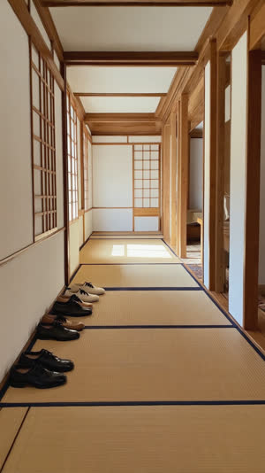 Several pairs of shoes resting side by side at a genkan edge, empty tatami corridor stretching beyond, calm order with nobody present, soft daylight