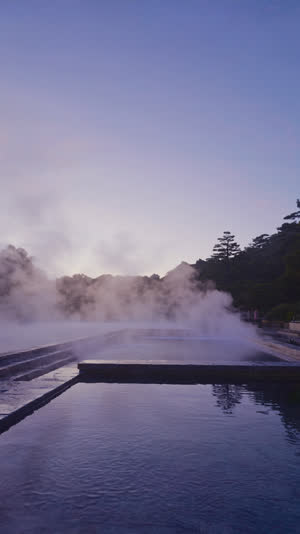 Empty open-air onsen bath, steam rising off still water, wet stone rim, forest shadow beyond, tranquil dusk light