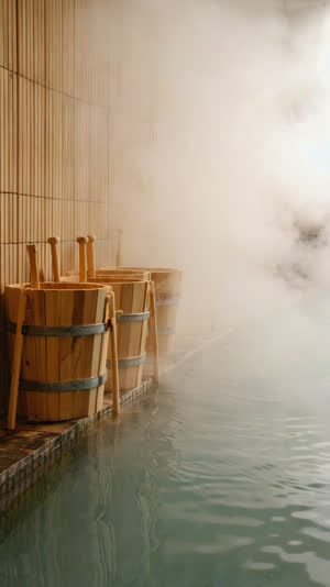 Wooden bath buckets stacked beside a steaming communal bath, cedar textures, hushed misty air, warm minimal light
