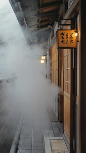 Small wooden sign hanging at a private family-bath door in a Japanese inn, faint steam in the corridor, intimate warm light