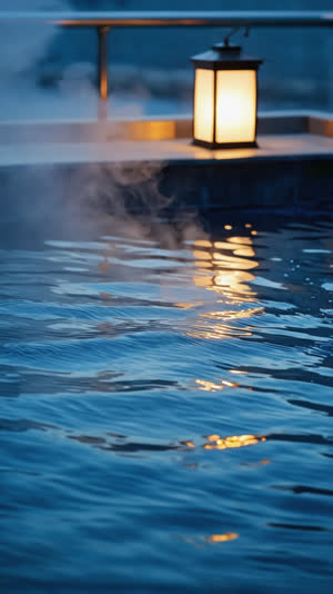 Lantern light reflecting on gently rippling onsen water, drifting steam, deep calm tones, meditative close-up