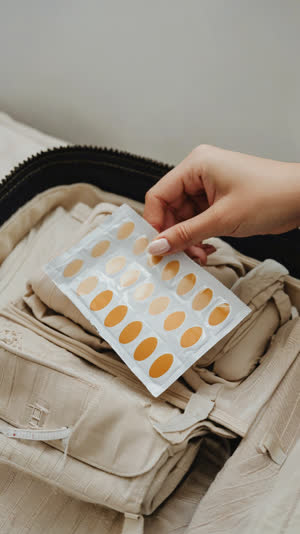 A hand holding a small packet of skin cover stickers over an open travel bag, soft daylight