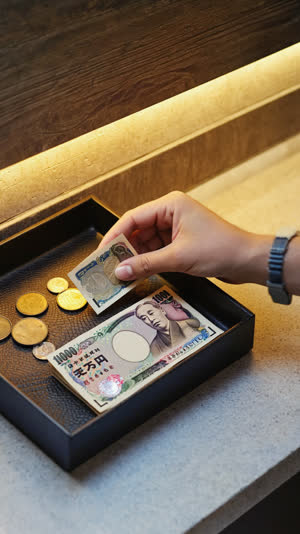 A hand placing a 1,000 yen note and coins onto a rubber-lined cash tray, overhead angle, warm light