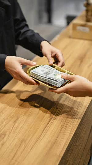 Side view of a cash tray being slid across a wooden counter between two sets of hands, soft shop lighting