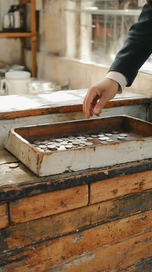 A traveler's hand gently laying coins onto a cash tray at a shop counter, natural daylight