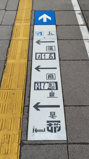 Close-up of a numbered boarding position sign with arrows on a platform edge, tidy Japanese wayfinding design, daylight