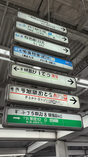 Looking up at layered station signage in a Japanese railway station, orderly typography and color coding, ambient light