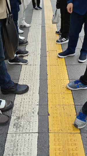 Two tidy lines of feet and bags waiting along painted platform marks, side angle at ankle height, rush-hour light