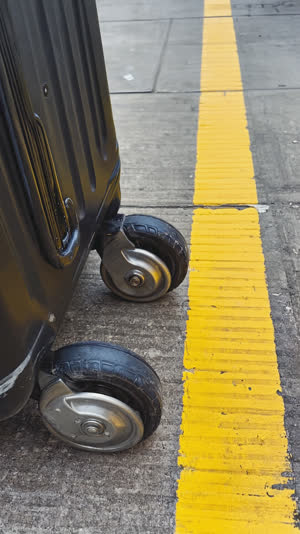 Suitcase wheels resting beside a painted queue line on a platform floor, travel mood, soft daylight, close-up