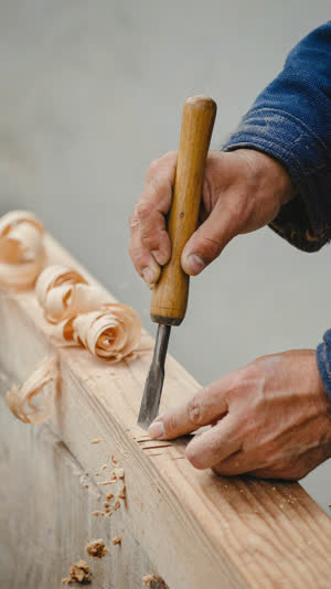 Extreme close-up of the weathered hands of a Japanese craftsman guiding a wooden-handled Japanese chisel into a pale timber beam, sun-tanned light skin with calloused knuckles,…