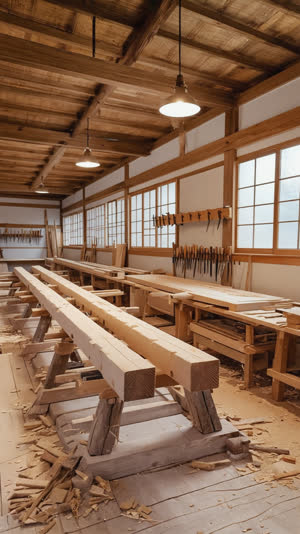 A traditional Japanese carpentry workshop with long timber beams laid out and hand tools on racks, sawdust on the floor, daylight from high windows, photorealistic documentary…