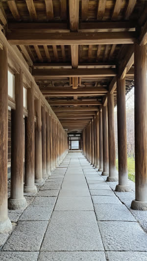 Interior view along a covered temple corridor with a long row of wooden pillars receding into shade, worn stone floor, photorealistic documentary photograph, natural soft light,…