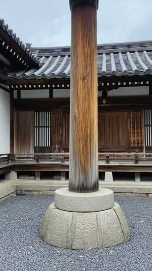 The base of a plain unpainted round cypress temple pillar meeting a natural stone foundation, bare aged wood, dust and age, quiet shadow, Japanese Buddhist temple architecture in…
