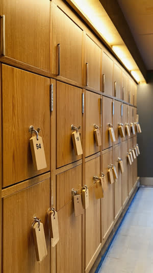Close-up of wooden shoe lockers with numbered wooden key tags at a Japanese bathhouse entrance, worn wood grain texture, soft warm lighting, shallow depth of field