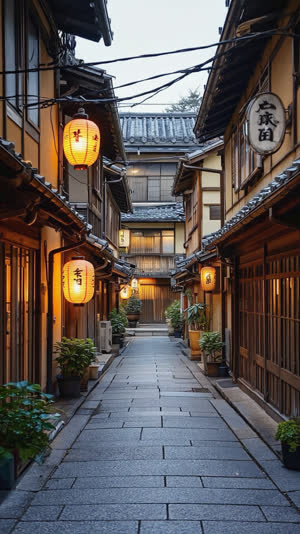 Narrow old Tokyo alleyway with wooden row houses, hanging lanterns, retro Showa-era atmosphere, evening light, empty street, cinematic nostalgic mood