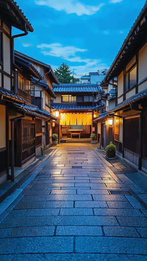 Point-of-view shot walking down a narrow Japanese street toward a lit bathhouse entrance with noren curtain in the distance, evening blue hour, warm lights, empty street