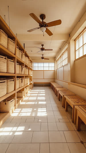 Spacious retro Japanese bathhouse changing room, rattan baskets, wooden benches, vintage ceiling fan, warm afternoon light through high windows, nostalgic Showa atmosphere