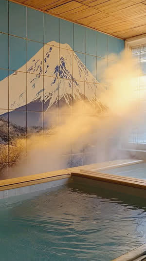 Majestic Mount Fuji mural on a Japanese bathhouse wall seen through drifting steam, bath tub edge in foreground, dreamy warm light, nostalgic atmosphere