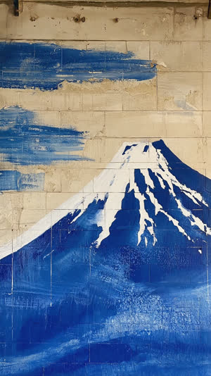 Close-up of a hand-painted Mount Fuji peak on bathhouse wall, visible bold brush strokes and paint texture, blue and white pigment, raking light revealing surface