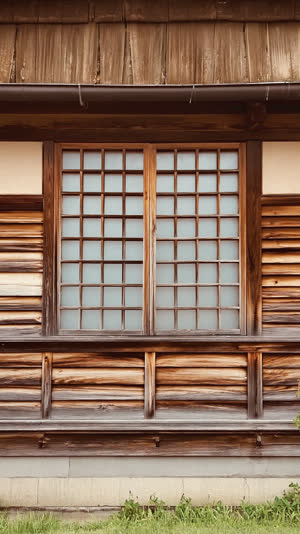 Detail of a Taisho-era Japanese wooden building facade, aged timber, frosted glass window, vintage architectural texture, soft historical sepia-toned light