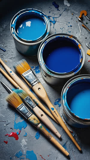 Still life of well-used paint brushes and open paint cans with blue and white paint, drips on rims, artist workspace texture, moody side lighting