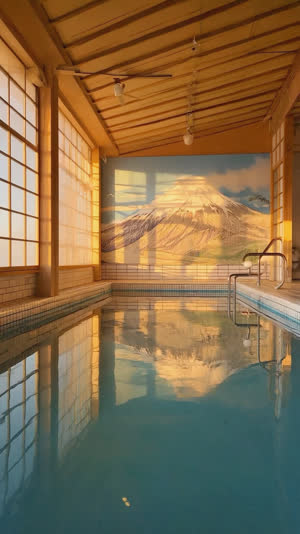 Wide serene shot of sento bath hall at golden hour, Mount Fuji mural reflected on still bathwater surface, steam rising, timeless peaceful atmosphere