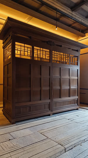 Imposing traditional wooden bandai booth at Japanese bathhouse, shot from low angle emphasizing height, dark polished wood, warm ambient light, nostalgic mood