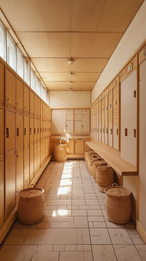 High vantage view over an empty retro Japanese bathhouse changing room, wooden lockers and rattan baskets below, seen from the bandai position, warm afternoon light