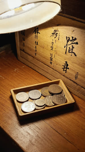 Close-up of a small coin tray with Japanese coins and a retro hand-painted price board on a wooden bandai counter, warm lamplight, vintage texture