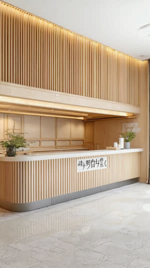 Modern renovated Japanese bathhouse reception counter, clean bright lobby design, contemporary wood and signage, contrast to traditional interior