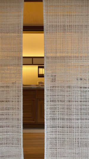 View through a split fabric noren curtain toward a softly lit bathhouse reception area, welcoming glow, shallow depth of field, gentle inviting mood