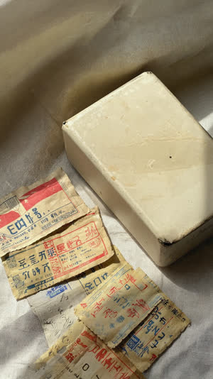 Still life of retro Japanese medicine packets and a vintage paper medicine box, Showa-era pharmaceutical design, aged paper texture, soft window light