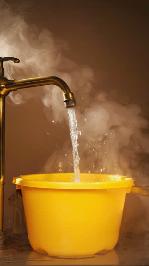Hot water pouring from a brass faucet into a yellow bath bucket, splashing water frozen mid-motion, steam swirling, warm golden light